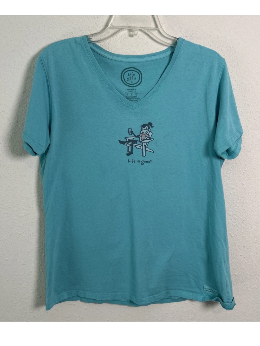 Life Is Good Teal Women’s Large Short Sleeve T-Shirt 100% Cotton V-Neck